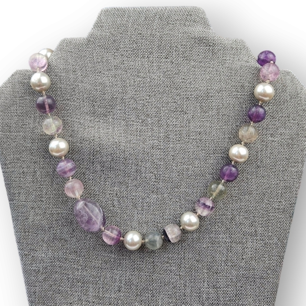 Ciner Gemstone Necklace Rainbow Fluorite Faux Pearl Purple Green Beaded Vintage